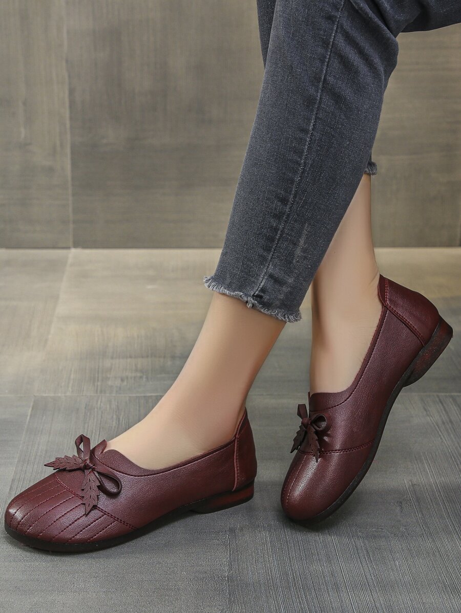 Bow Decor Stitch Detail Flats - Burgundy - View 1