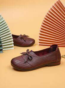 Bow Decor Stitch Detail Flats - Burgundy - View 2