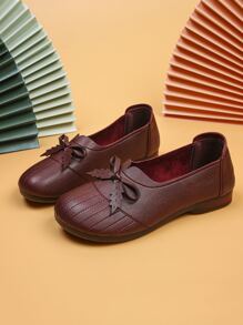 Bow Decor Stitch Detail Flats - Burgundy - View 3