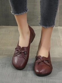 Bow Decor Stitch Detail Flats - Burgundy - View 4