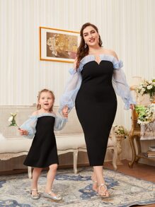 Modelyn Plus Off The Shoulder Contrast Mesh Bodycon Dress - Black - View 2