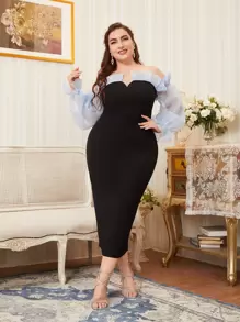 Modelyn Plus Off The Shoulder Contrast Mesh Bodycon Dress - Black - View 1