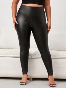 SHEIN Clasi Plus High Waist PU Leggings - Black - View 1