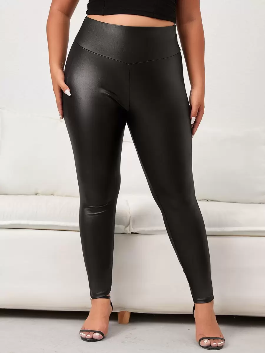 SHEIN Clasi Plus High Waist PU Leggings - Black - View 1