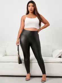 SHEIN Clasi Plus High Waist PU Leggings - Black - View 5