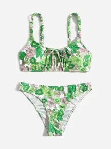 SHEIN Swim Vcay Floral Print Knot Front Bikini - Multicolor - View 1