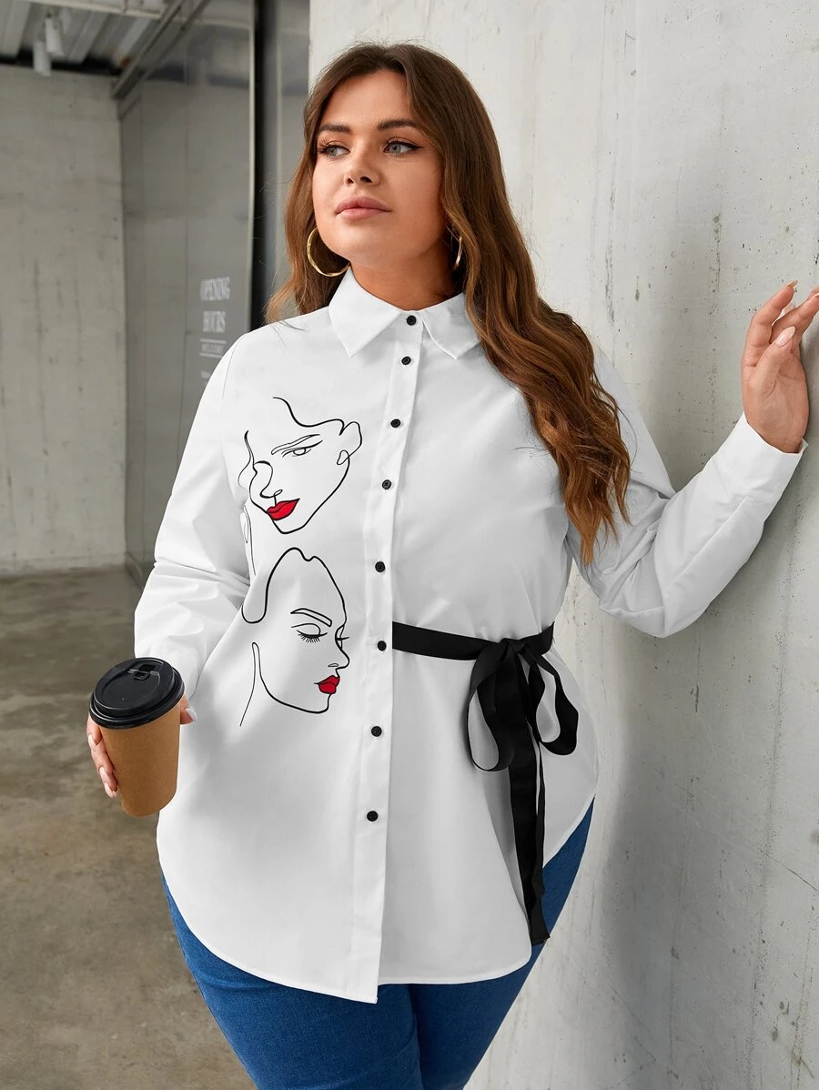 Mulvari Áo sơ mi Plus Size Thắt nơ trước Nút phía trước Con số Giải trí - trắng - Xem 1