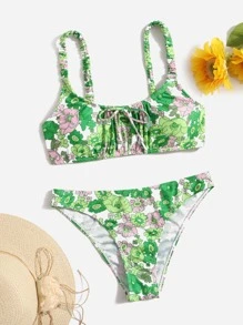 SHEIN Swim Vcay Floral Print Knot Front Bikini - Multicolor - View 5