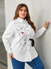 Mulvari Áo sơ mi Plus Size Thắt nơ trước Nút phía trước Con số Giải trí - trắng - Xem 4