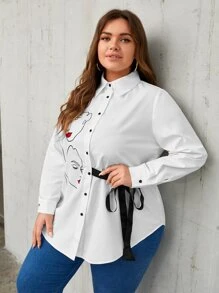 Mulvari Áo sơ mi Plus Size Thắt nơ trước Nút phía trước Con số Giải trí - trắng - Xem 6