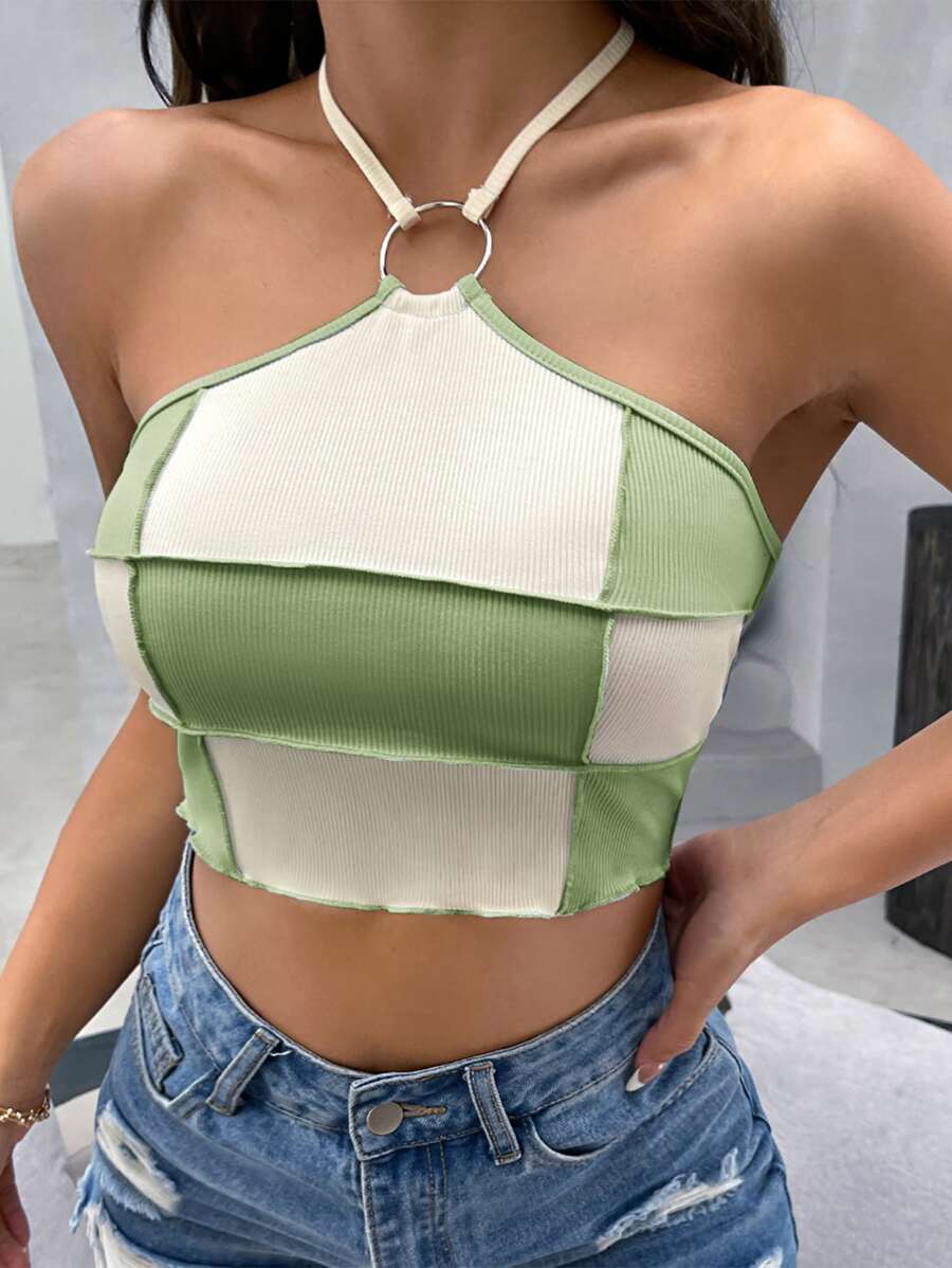 SHEIN Qutie Lettuce Trim O-ring Detail Tie Backless Colourblock Crop Halter Top - Multicolor - View 1
