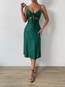 Breezaya 前繫帶豹紋高開叉吊帶洋裝 - 彩色 - 查看 4