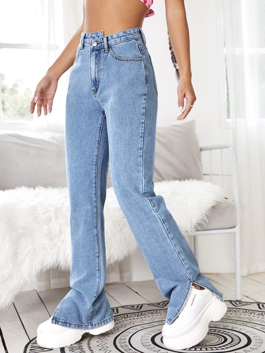 Split Side Zipper Fly Boyfriend Jeans - Light Wash - View 1