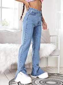 Split Side Zipper Fly Boyfriend Jeans - Light Wash - View 3