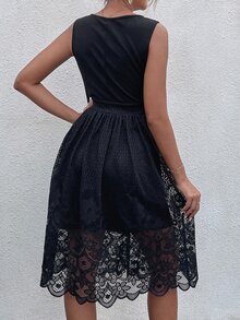 Lace Up Front Lace Hem Dress - Black - View 3