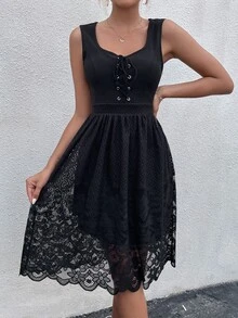 Lace Up Front Lace Hem Dress - Black - View 4