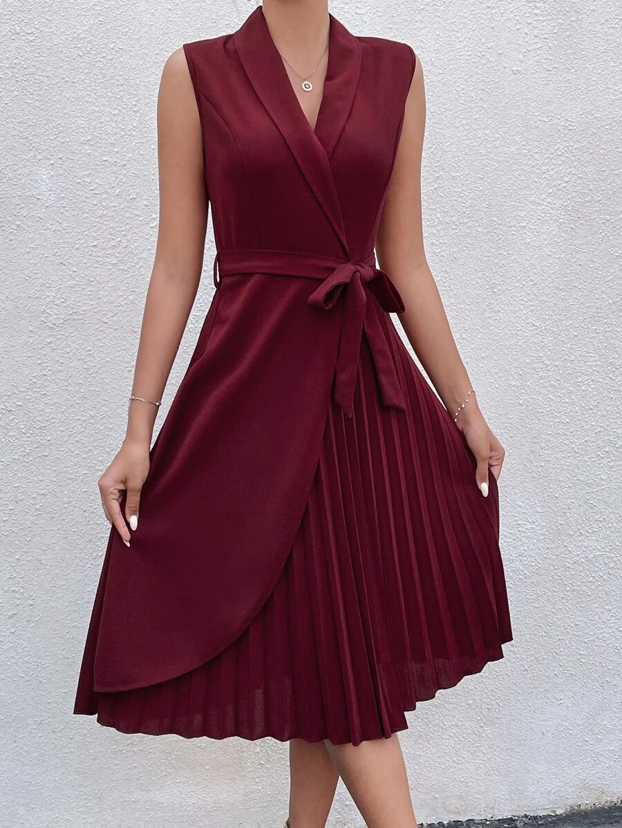 SHEIN Clasi Pleated Panel Shawl Collar Belted Dress - Burgundy - View 1
