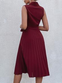SHEIN Clasi Pleated Panel Shawl Collar Belted Dress - Burgundy - View 2