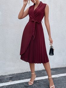SHEIN Clasi Pleated Panel Shawl Collar Belted Dress - Burgundy - View 3