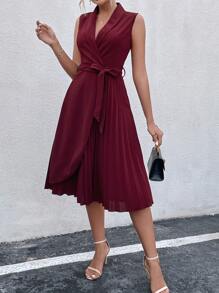 SHEIN Clasi Pleated Panel Shawl Collar Belted Dress - Burgundy - View 5
