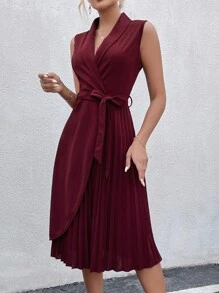 SHEIN Clasi Pleated Panel Shawl Collar Belted Dress - Burgundy - View 6