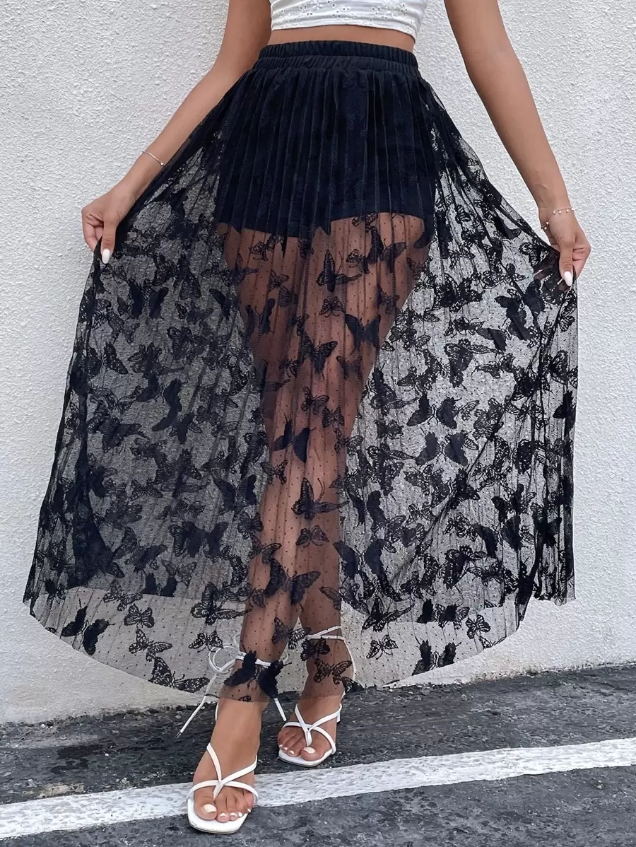 Chiquease Cycling Shorts Insert Lace Pleated Skirt - Black - View 1