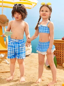 Young Girl 3packs Plaid Print Bow Front Ruffle Hem Bikini Set Summer Beach - Blue and White - View 7