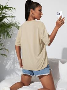 SHEIN EZwear Eye & Slogan Graphic Drop Shoulder Tee - Khaki - View 2