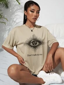 SHEIN EZwear Eye & Slogan Graphic Drop Shoulder Tee - Khaki - View 5
