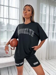 Drop Shoulder Letter Graphic Top And Cycling Shorts Set - Black - View 3