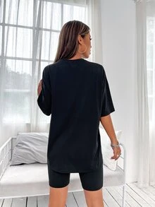 Drop Shoulder Letter Graphic Top And Cycling Shorts Set - Black - View 2