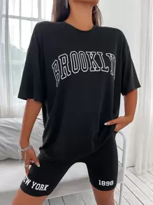 Drop Shoulder Letter Graphic Top And Cycling Shorts Set - Black - View 1