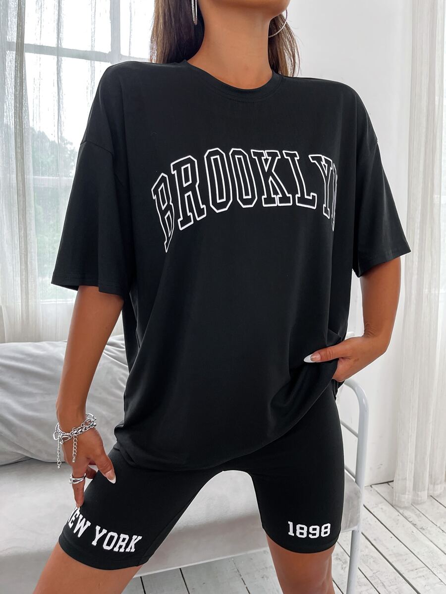 Drop Shoulder Letter Graphic Top And Cycling Shorts Set - Black - View 1