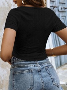 SHEIN Frenchy Áo thun nữ Xù nhỏ Tranh thêu màu trơn Giải trí - màu đen - Xem 2