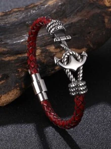 男士船錨裝飾手環 - 酒紅色 - 查看 1