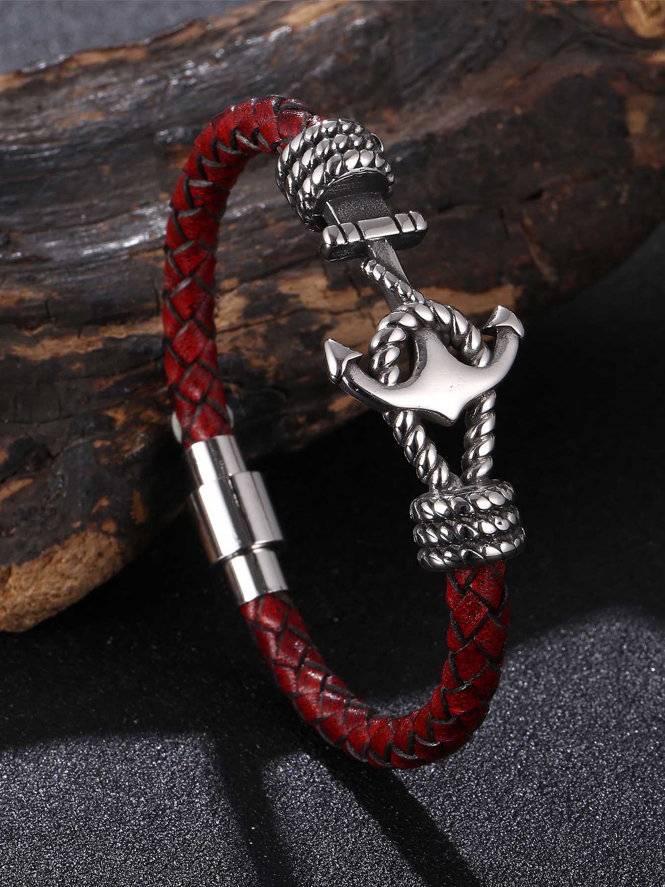 男士船錨裝飾手環 - 酒紅色 - 查看 1