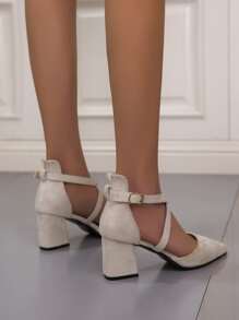 Point Toe Chunky Heeled Ankle Strap Pumps - Apricot - View 2