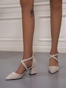 Point Toe Chunky Heeled Ankle Strap Pumps - Apricot - View 3