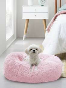 1pc Plush Round Pet Bed Cat Bed For Large, Medium & Small Pets, Indoor Home Used For Warmth & Comfort In Winter - Baby Pink - View 5