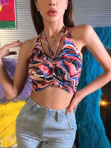 MEYSI KIM Top halter con estampado de espalda abierta con cordón - Multicolor - Ver 1