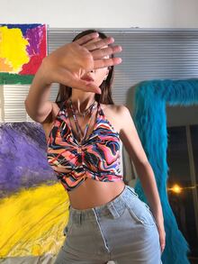 MEYSI KIM Top halter con estampado de espalda abierta con cordón - Multicolor - Ver 5