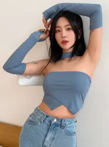 DAZY Top corto bajo hanky de cuello halter con mangas de brazo