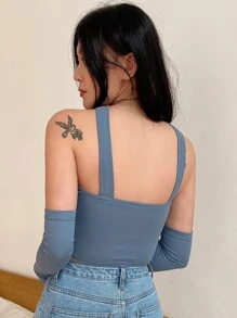 DAZY Top corto bajo hanky de cuello halter con mangas de brazo
