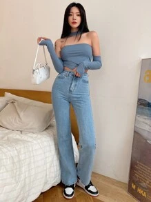 DAZY Top corto bajo hanky de cuello halter con mangas de brazo
