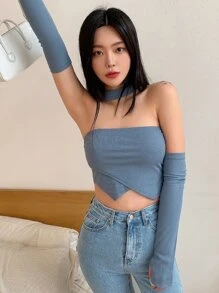 DAZY Top corto bajo hanky de cuello halter con mangas de brazo