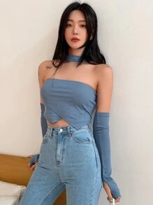 DAZY Top corto bajo hanky de cuello halter con mangas de brazo