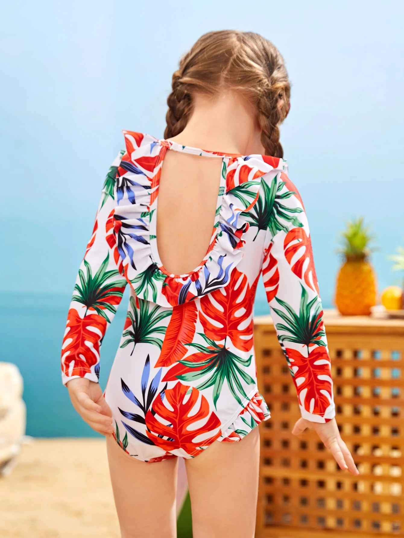 女の子幼児 熱帯風景プリント フリルトリム ハイネック ワンピース水着