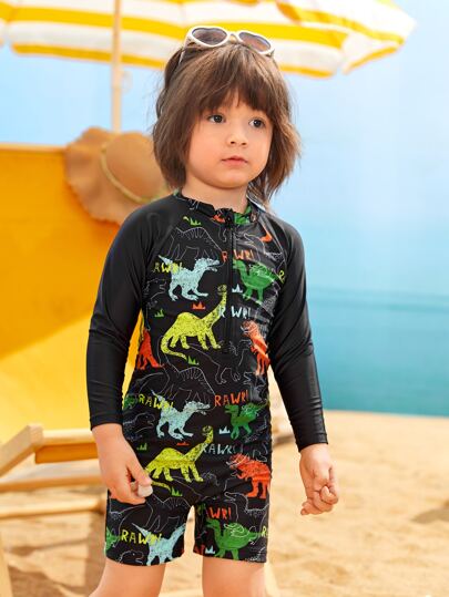 Traje De Baño Para Niños Pequeños Con Estampado Completo De Dinosaurios, Cierre De Cremallera Delantera, Una Pieza