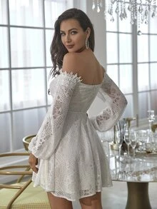 Double Crazy 一字肩前繫帶燈籠袖蕾絲連衣裙 - 白色 - 查看 2