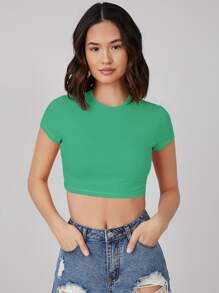 SHEIN BASICS Camiseta De Manga Corta Sólida Con Corte Corto - Verde - Ver 5